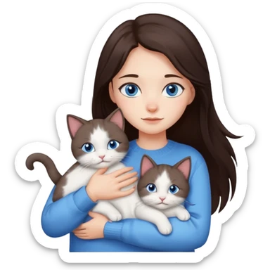 a girl with long dark 
brown hair, with blue eyes, in a
white sweater, hugs 3 different natural coloured cats sticker