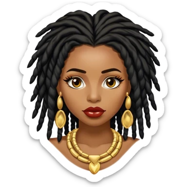 Brownskin Congolese woman with black shoulder length locs, fluffy eyelashes, big lips, a lot of gold jewellery  sticker