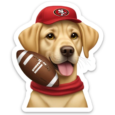 Yellow labrador with football and 49ers hat sticker