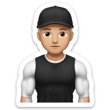 An arrogant guy in a black t-shirt, he is muscled and has a cap  sticker