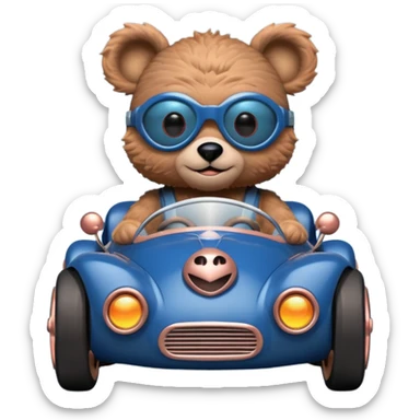 dark blue and rosegold-accented  retro racing car driven by furry-faced small evil alien scary teddy bear with rear spoiler sticker