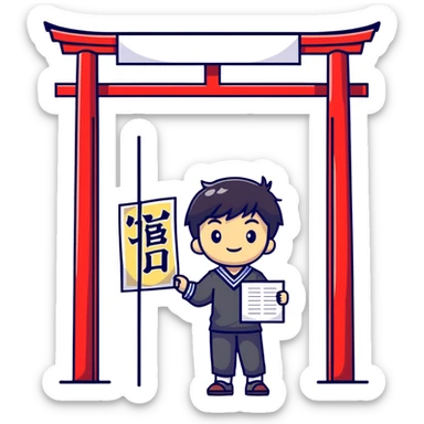 Japanese high school boy welcoming visitors with poster at cultural festival entrance sticker