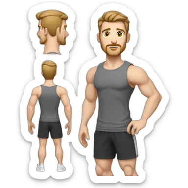Full height Pale skinned muscular man With Realistic eyes and mouth, light brown hair and stubble In dark gray sleeveless mike, black oversize sports shorts, watch and white sneakers. sticker