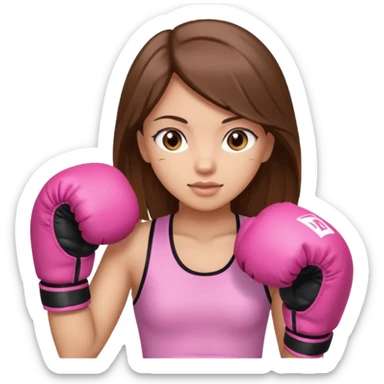 Girl with long brown hair brown eyes light skin wearing boxing pink boxing gloves sticker