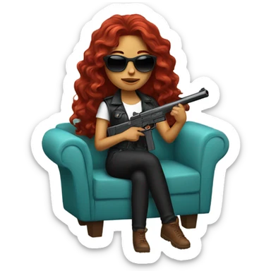 Latina with long red wavy hair holding a gun with sunglasses sitting on a couch  sticker