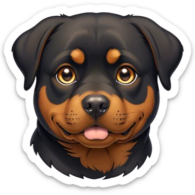 Cinematic Cute Rottweiler Portrait Emoji, Head tilted playfully and inquisitively, featuring a glossy black coat with distinct tan accents, round, sparkling brown eyes filled with curiosity, Simplified yet irresistibly adorable features, highly detailed, glowing with a warm, friendly glow, high shine, affectionate and lively, stylized with a touch of whimsy, bright and endearing, soft glowing outline, capturing the essence of a mischievous yet loving companion, so playful it feels like it could bound out of the screen and into your arms! sticker