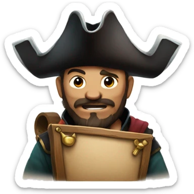 A Sea of Thieves style emoji featuring a small pirate with a tricorn hat, holding a sign that reads 'Makishiro10'.  sticker