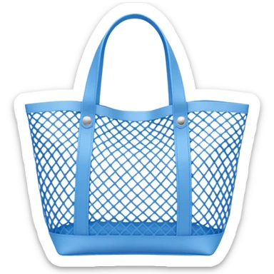 small blue mesh tote bag emoji, open mesh pattern, simple handles, relaxed summer feel, pastel or vibrant blue color sticker