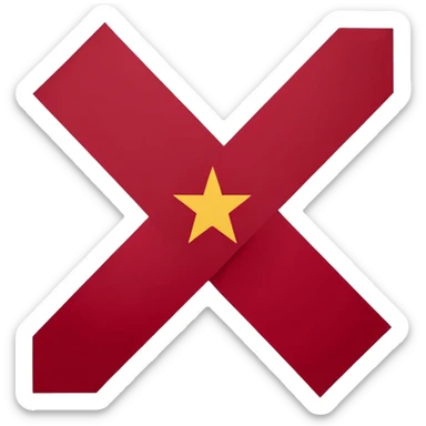 Bandera rectangular con fondo blanco liso. En el centro, una cruz de Borgoña en forma de aspa diagonal, hecha de dos ramas desgajadas con nudos y bordes irregulares. Color rojo oscuro intenso. Estilo plano y heráldico, sin sombras, sin texturas, sin texto ni elementos adicionales. sticker