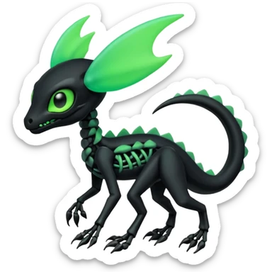 Obsidian-black and neon-glowing-green skeletal Meloetta-Salandit-Gorebyss-Salazzle-Pokémon-Fakémon-creature-fusion-hybrid sticker