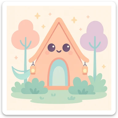 A-Frame cabin for glamping, whimsical style, with lanterns, hammocks, and lush greenery, playful and colorful sticker
