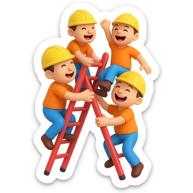 Depict a group climb with multiple cartoon figures climbing a ladder together, all laughing and playful. Use the 3D emoji style and remove the background to focus on the characters. sticker