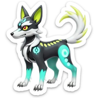 Cool handsome demonic skeletal black and neon green and neon yellow futuristic shiny colorful bioluminescent cyber-Poochyena-Lycanroc-Zorua-Litten-Houndoom-Fakémon-Pokémon-Digimon-hybrid-fusion (full body) with a skull face sticker