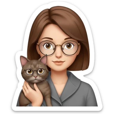 Donna con i capelli marroni e gli occhiali ottagonali bronzo che tiene in braccio un gatto grigio  sticker