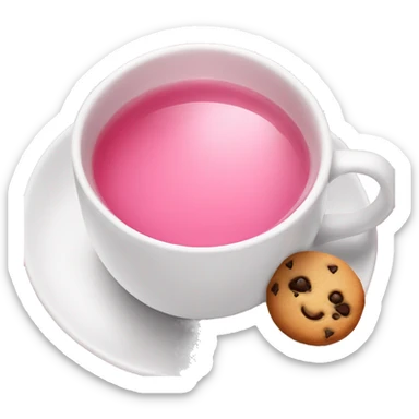 Pink tea in a white cup and cookie sticker