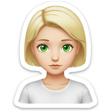 A girl with short blonde hair and green eyes in a white T-shirt sticker
