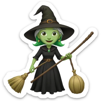 Traditional old witch, green skin, big nose, black dress, riding a broom emoji sticker