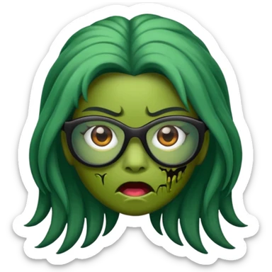crie um emoji de zumbi feminino, com pele verde, óculos preto e cabelo longo preto sticker
