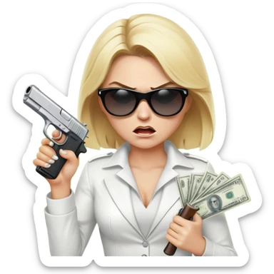 Mafia blondes angry woman in sunglasses, gun ,money , white costume  sticker