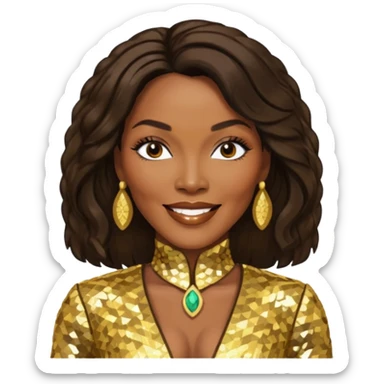 Angela Bassett with long dark brown hair, gold sequin outfit sticker