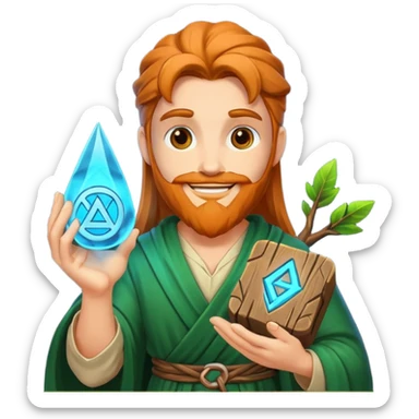 druid character satisfied smile holding glowing rune sticker