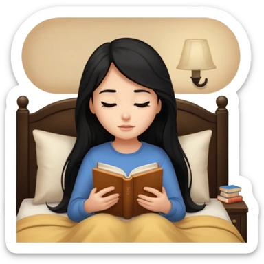 Girl black long hair reading book sleepy bed sticker