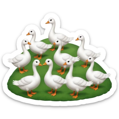 9 white geese standing on a green hill, front view, foggy, all looking in different directions, one is on the top  sticker