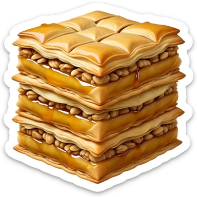 Cinematic Realistic Baklava Dessert Emoji, depicted as layers of flaky pastry with honey and nuts rendered with rich textures and warm, inviting lighting. sticker