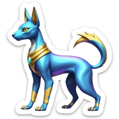Modern futuristic shiny colorful Anubis-Sphynx-Lombax-Zeraora-Renamon-fusion (full body) sticker
