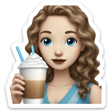 Pale skin girl with brown wavy hair and blue eyes drinking ice latte  sticker