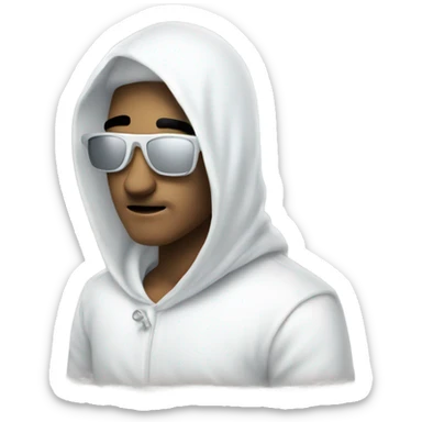 Human wearing white cheat to look like a ghost with sunglass sticker