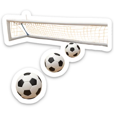 Close-up of mini-football (futsal) balls and goals, set on a wooden indoor court. The focus is on the details of the balls and goalposts, with the smooth wooden floor and court lines visible in the background, capturing the essence of indoor futsal. sticker