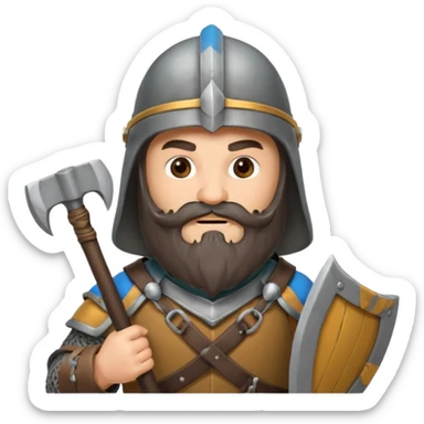 gimli lord of the rings with dark brown beard holding ax and a gray metal helmet sticker