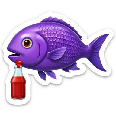 A purple fish holding a bottle of ketchup sticker