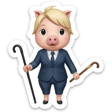 Female pig with hair wearing a suit and  a cane sticker