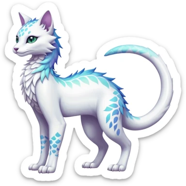 Kawaii white iridescent beautiful pretty elegant divine edgy fantasy feline-vernid-fionbri-sergal-fursona animal creature with a tufted tail full body with intricate markings  sticker