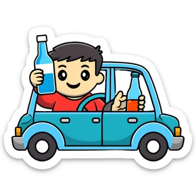 person in a car holding a bottle, showing the act of drinking and driving sticker