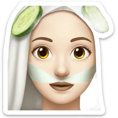White girl with Brown hair and blue eyes wears a Green clay colored skincare textured mask and puts on cucumbers around her eyes while She relaxes in her white Robe sticker