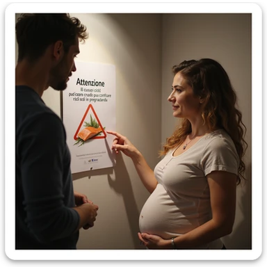 realistic pregnant woman in 4K pointing to a sign that says: 'Attenzione il consumo di salmone crudo puo comportare rischi in gravidanza' to a friend sticker