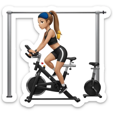 Light skin girl with long light brown hair in a pony tail, black workout set leaning on a indoor spin bike with NO HELMET,  sticker