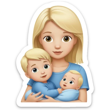 Blonde toddler girl holding a baby boy sticker