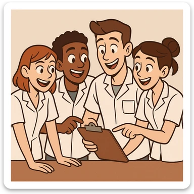 quatre étudiants infirmiers en équipe, blouses blanches manches courtes, pas de sous-pull, pas de stéthoscope, interaction amicale, cartoon moderne sticker