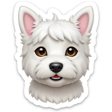 Cinematic Cute West Highland White Terrier Portrait Emoji, Head tilted playfully and inquisitively, featuring a fluffy, immaculate white coat with perky ears, round, sparkling dark eyes filled with curiosity, Simplified yet irresistibly adorable features, highly detailed, glowing with a warm, friendly glow, high shine, affectionate and lively, stylized with a touch of whimsy, bright and endearing, soft glowing outline, capturing the essence of a mischievous yet loving pup, so playful it feels like it could bound out of the screen and into your arms! sticker