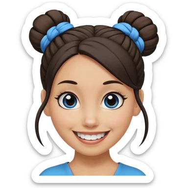 Now tied up her hair in a half-bun ,the on her head is black, while her bang is blue. Bigger eyes and brighter smile, show teeth while smiling sticker