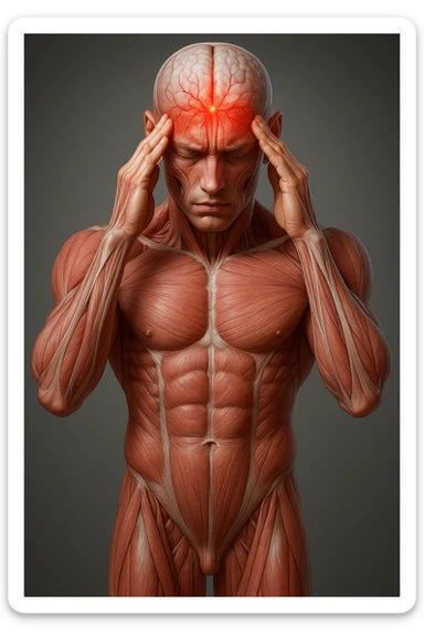 Full figure, hyperrealistic 4K medical illustration, exactly matching the style, pose, and composition of the reference: anatomical human body holding fingers on temples, contracted forehead, red spot on the forehead, expression of pain, clear background, extremely detailed, same lighting and style as reference. sticker