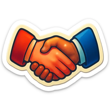 A business handshake in retro stickers style, with two people shaking hands and a retro vibe sticker