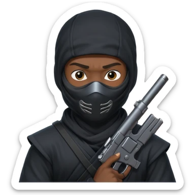 A black male in a ninja mask with a gun sticker