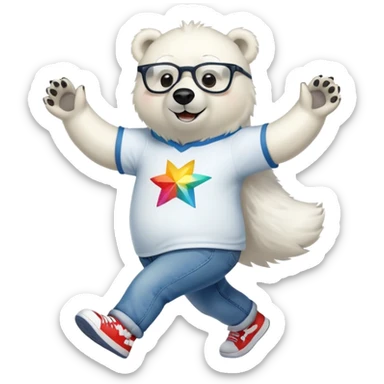 friendly anthropomorphised polar bear walking energetically, excited expression, wearing shirt, jeans, trainers, large multicolored star-shaped glasses sticker
