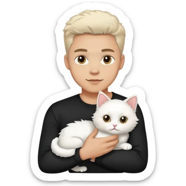 handsome man, wearing black pressing shirt and holding white cute cat sticker