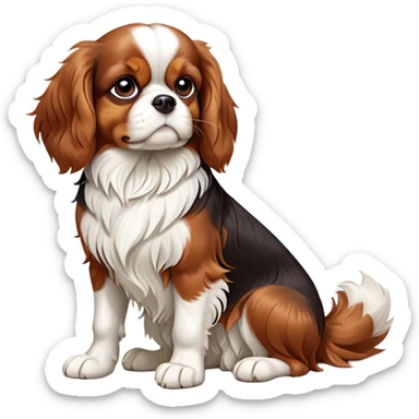 cinematic-[cavalier king charles dog]-realistic-full-body-sitting-emoji,-tail-resting-loosely-beside-its-paws,-head-tilted-dramatically,-scruffy-[brown and white]-fur,-simplified-yet-realistic-focused-features,-highly-detailed,-glowing-with-an-almost-sarcastic-glow sticker